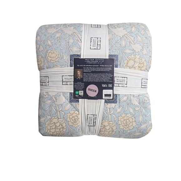 William Morris Queen Comforter Set 3pcs - Wild Tulip Duck Egg NEW 90" x 90" - Picture 1 of 5